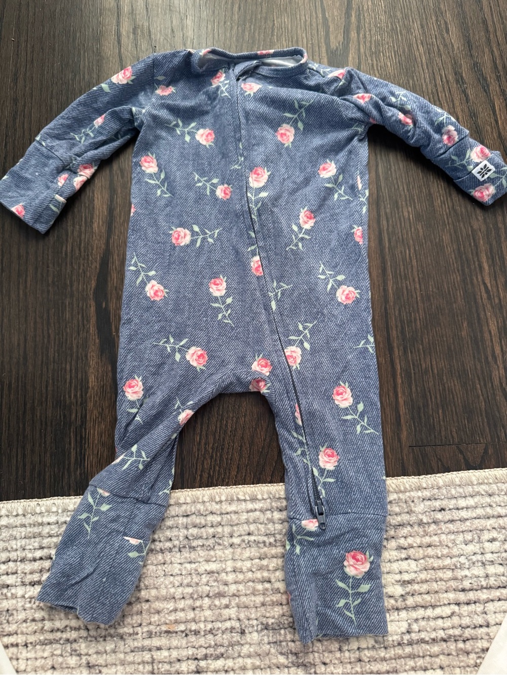Denim-Style Pink Rose Zip Baby Footie